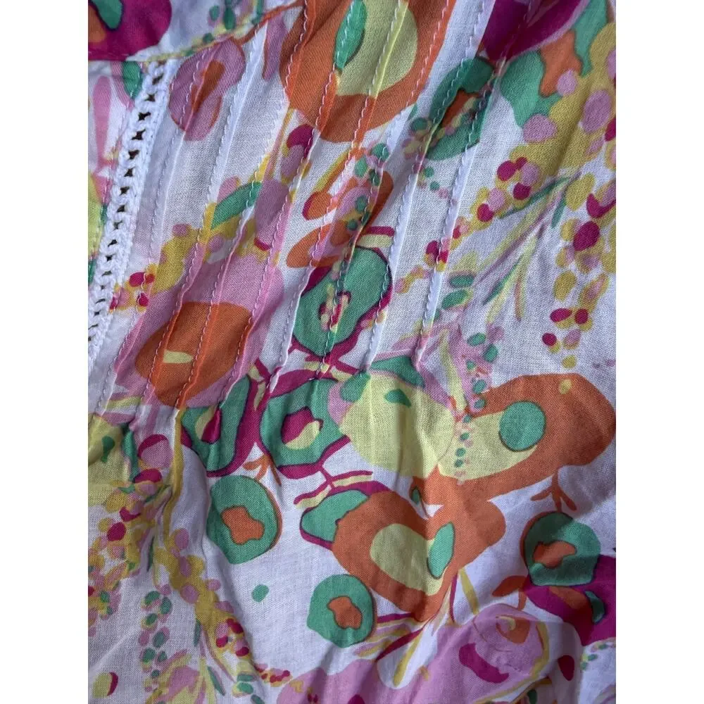 Talbots Women's LARGE Floral 100% Cotton Tunic Top 3/4 Sleeve V-Neck Pleated NEW